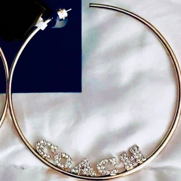 NWT Coach Signature Gold Big 3”Gold Polished Shinny Round Hoop Monogram Earrings - Picture 6 of 12